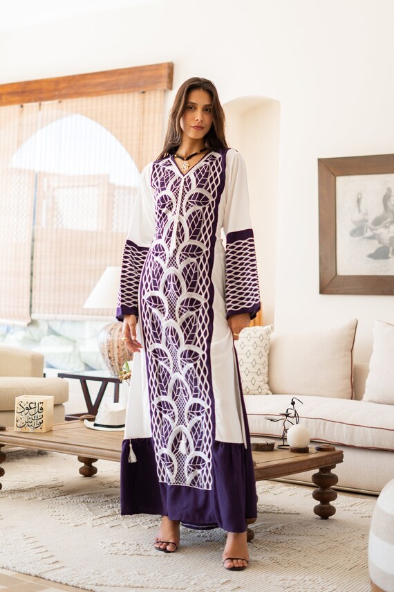 Classy Purple Embroidered Caftan Maxi Dress Kaftan Maxi Dress Cotton Caftan Women Caftan Chic Embroidered Caftan Egyptian Cotton 07 24 Etsy