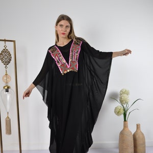 Hand embroidered Chiffon caftan, black vintage embroidered caftan, chic caftan, Summer Kaftan, Caftans for women, cotton caftan