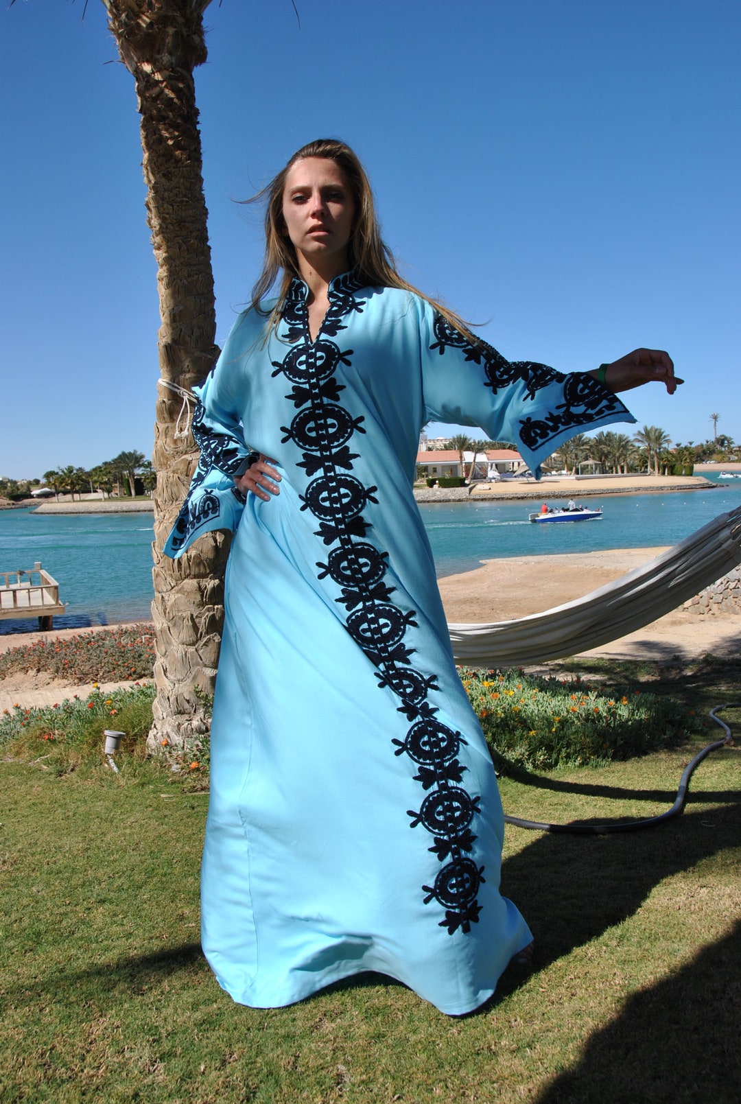 Elegant Turquoise Embroidered Kaftan Dress Cotton Caftan Dress Long Sleeve Caftan Chic Embroidered Caftan High Quality Egyptian Cotton Etsy