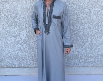 Luxurious Grey embroidered Mens Kaftan, Cotton Men caftan, Men's kaftan,  caftans for men, men clothing, gift for men, husband, gift for him