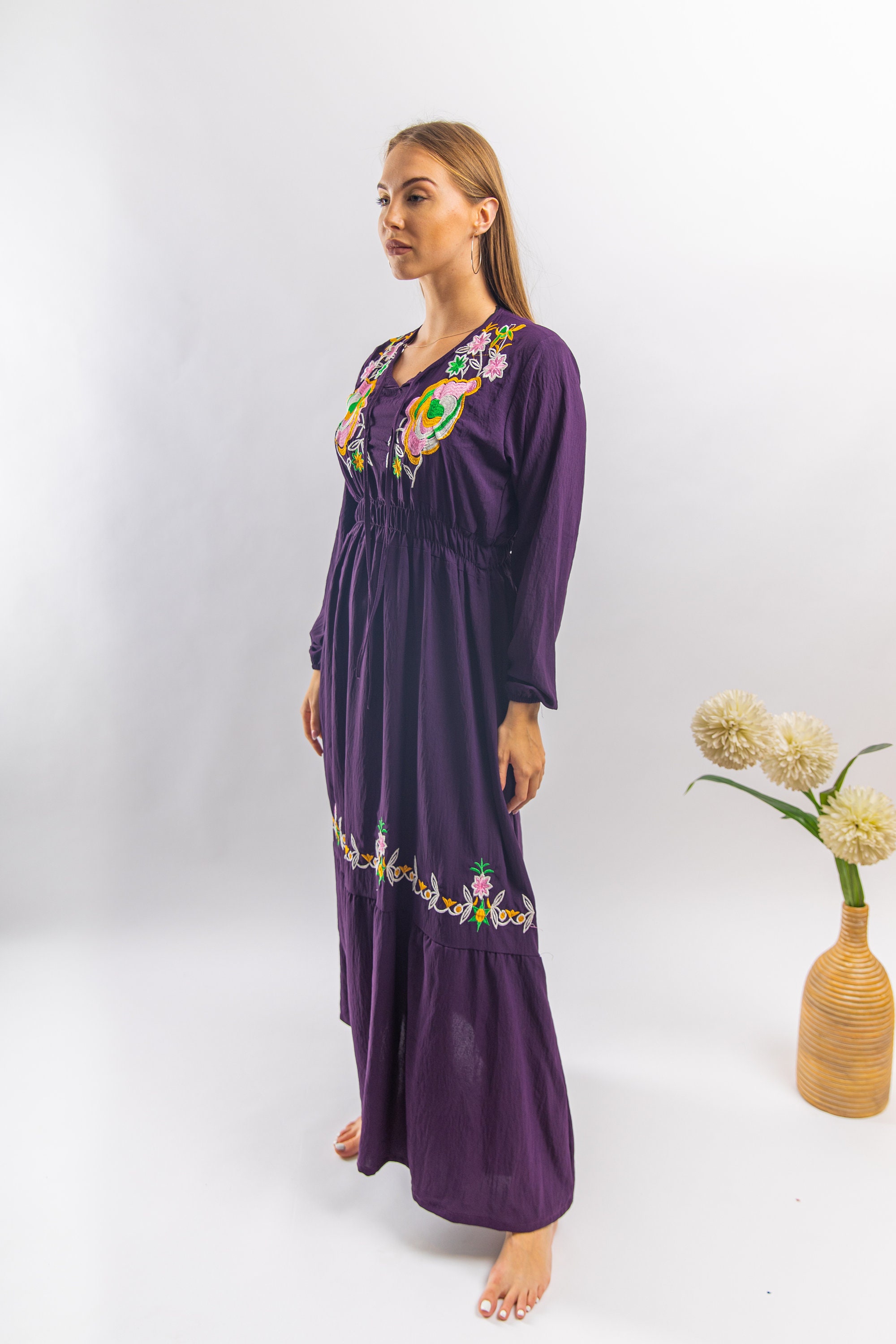 Purple linen/cotton embroidered caftan Gypsy embroidered Etsy