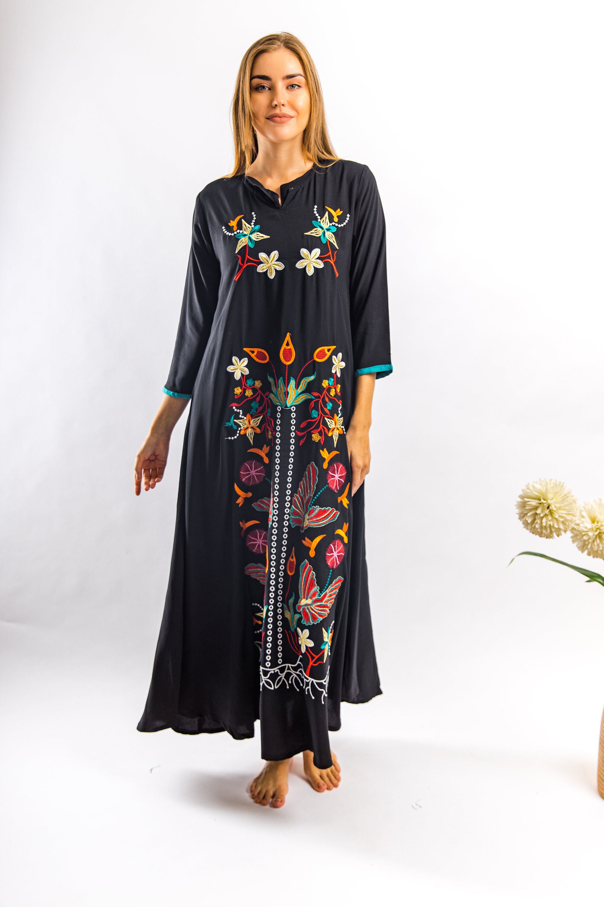 Black vibrant embroidered cotton caftan maxi dress caftans Etsy