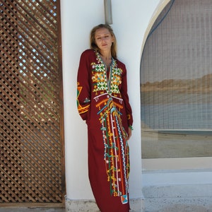 Siwa Burgundy embroidered cotton Caftan with pocket, embroidered caftan dress, Caftan dress, Caftan maxi dress, Caftans for women, Caftans