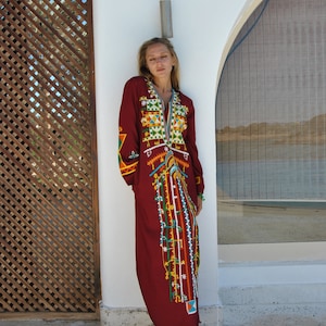 Siwa Burgundy embroidered cotton Caftan with pocket, embroidered caftan dress, Caftan dress, Caftan maxi dress, Caftans for women, Caftans