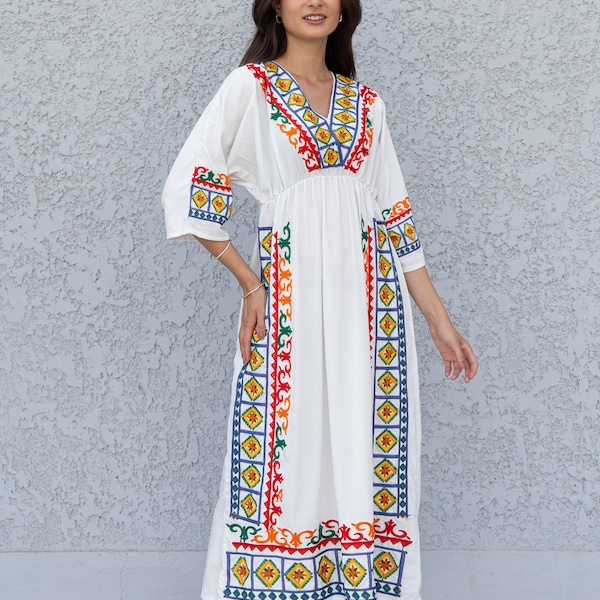 Colorful embroidered White caftan, Cotton caftan dress, African women clothing, Boho maxi dress, Bohemian maxi dress, Boho summer caftan