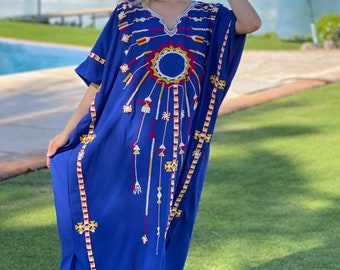 Siwa embroidered blue cotton caftan, short embroidered kaftan, chic caftan, Summer Kaftan, Egyptian cotton Caftans for women, cotton caftan