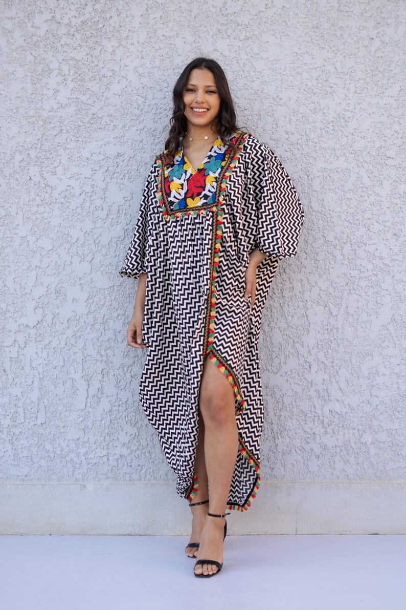 Striped black Caftan, Caftans for women, Loose fit caftan, Open Butterfly Kaftan, caftans for women, Egyptian caftan, Plus size dress ZigZag (Shorter)