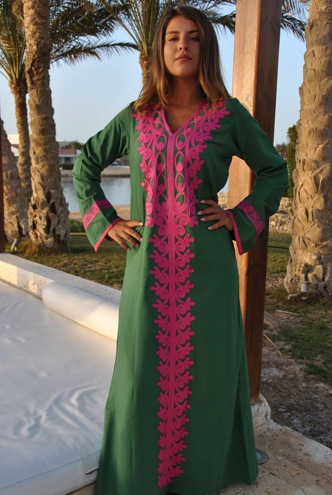 Green Autumn / Winter Bohemian Maxi kaftan dress Long sleeve | Etsy