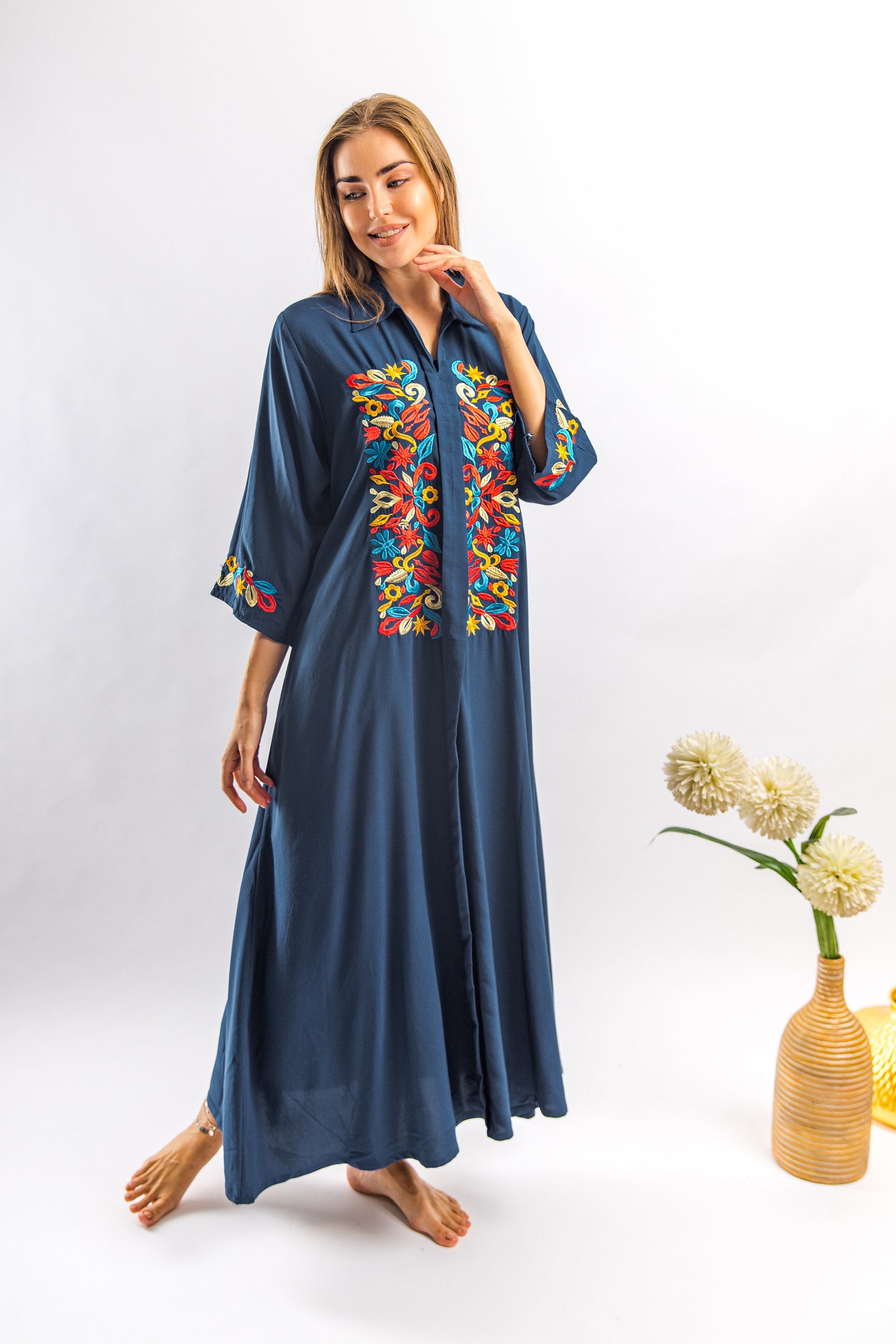 Blue Moroccan Embroidered Cotton Caftan Embroidered Caftan Etsy