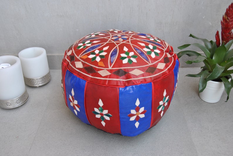 Genuine Leather Mandala Style Pouf Oriental Pouf Ottoman Pouf Moroccan Pouf Handcrafted Leather Bohemian Pouf
