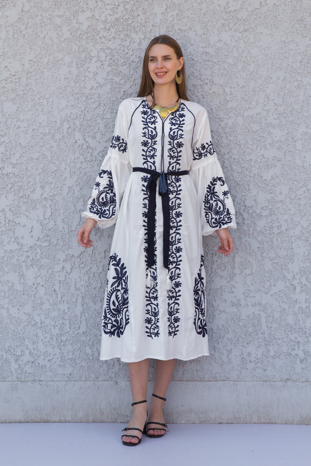 Chic White Egyptian Cotton Kaftan Dress, Embroidered Tunic Kaftan Dress