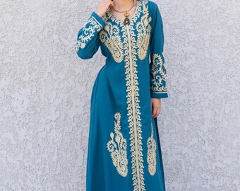 Embroidered Teal Cotton Caftan Maxi Dress, Egyptian Cotton Blend, Flowy Resort Wear