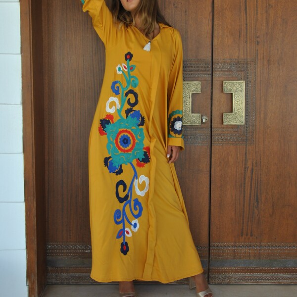 Mustard yellow flower embroidered Caftan, summer caftan, Caftans for women, embroidered Caftan dress, Caftan maxi dress, Cotton Caftans