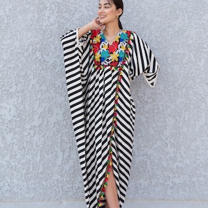 Classy striped boho embroidered Kaftan dress, Summer caftans for women, Open slit Caftan for women, Loose fit caftan, Plus size kaftan 10-23