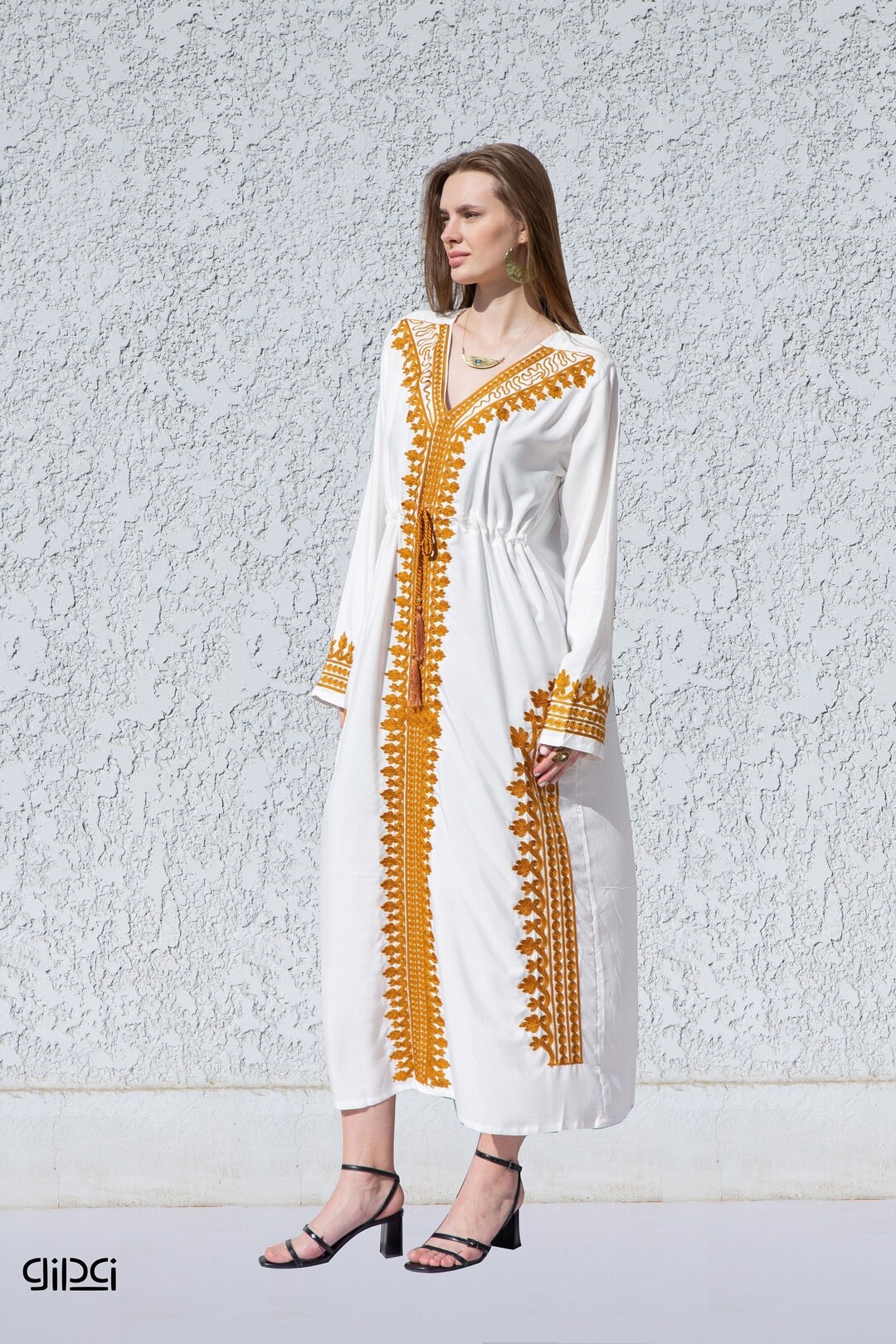 White Royal Embroidered Caftan, Cotton Caftans for Women, Cotton Caftan
