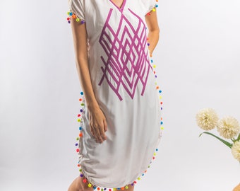 Boho white Tunic embroidered kaftan with pompons, embroidered tunic kaftan, cotton embroidered tunic dress, Summer tunic, vacation tunic