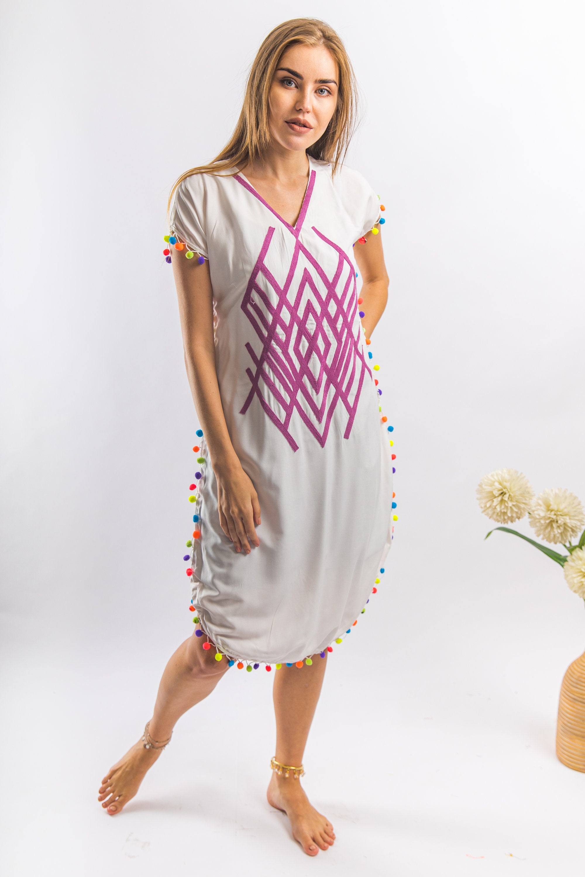 Boho White Tunic Embroidered Kaftan 