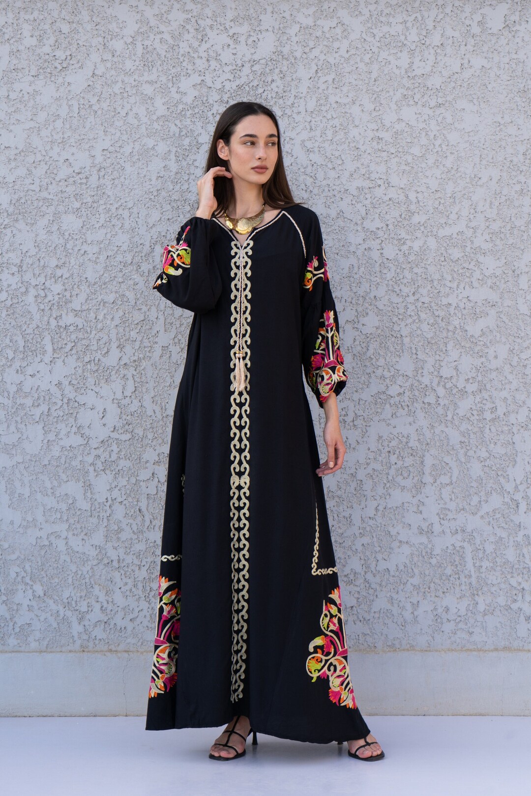Black Kaftan Dress With Long Fringe