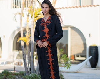 Embroidered Egyptian Cotton Caftan Maxi Dress, Black Flowy Kaftan Women's Apparel