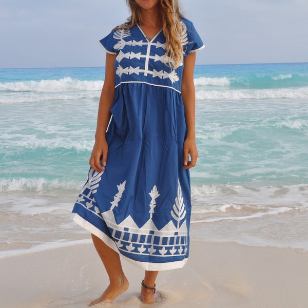 Robe caftan brodée tunique bleue, robe tunique brodée bohème, coton égyptien. Été, plage, stations balnéaires, robe gitane. P/H