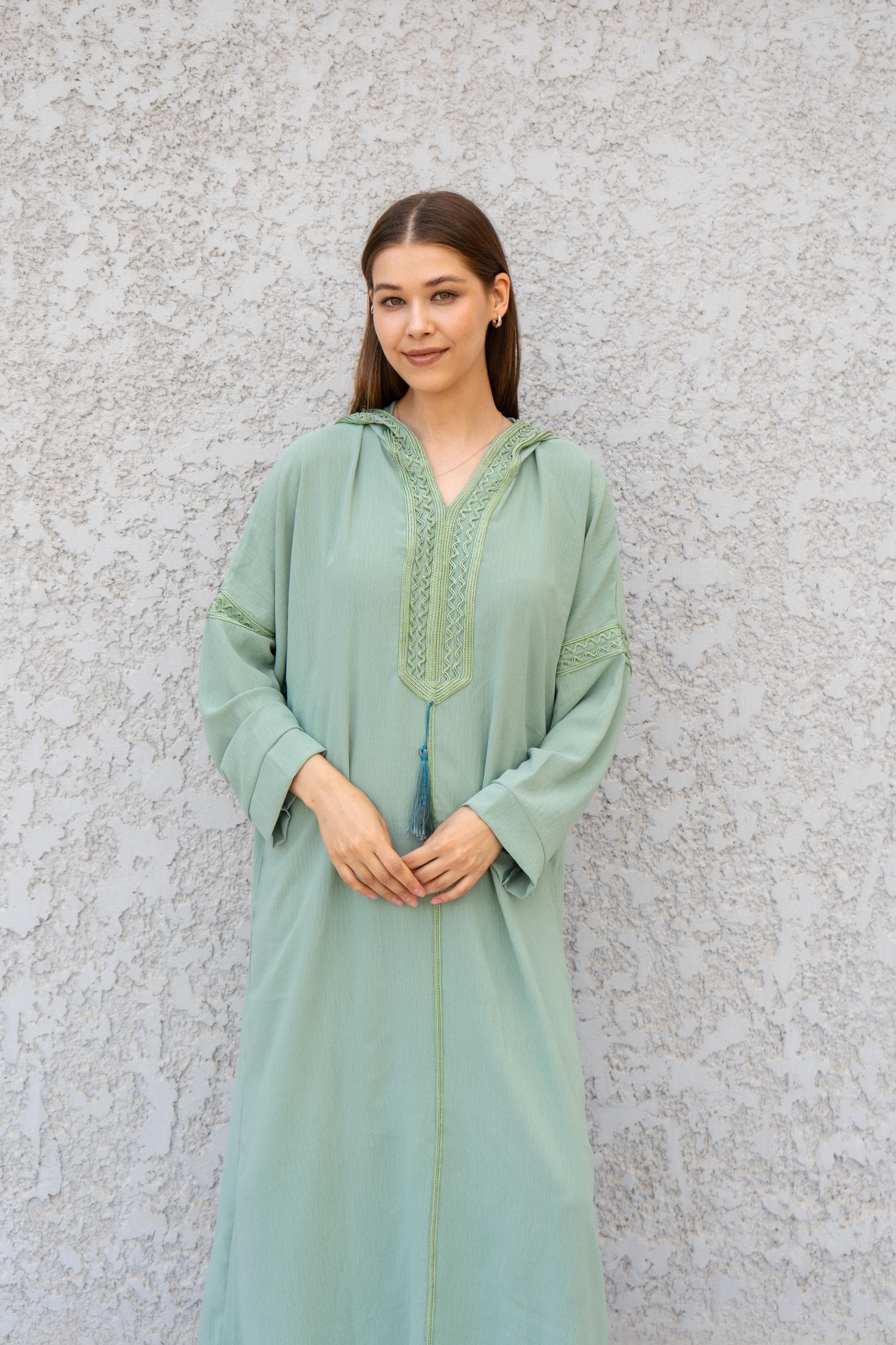 Chic Sage Green Hooded Kaftan Dress - Hand Embroidered Linen-Look Caftan for Women - Flowy Caftan - Boho Moroccan Caftan