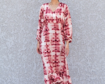 Pink Tie Dye Viscose Kaftan Maxi Dress, Boho Summer Beach Cover-up