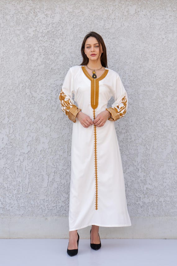 Elegante abito caftano bianco ricamato, caftani per donna, abito