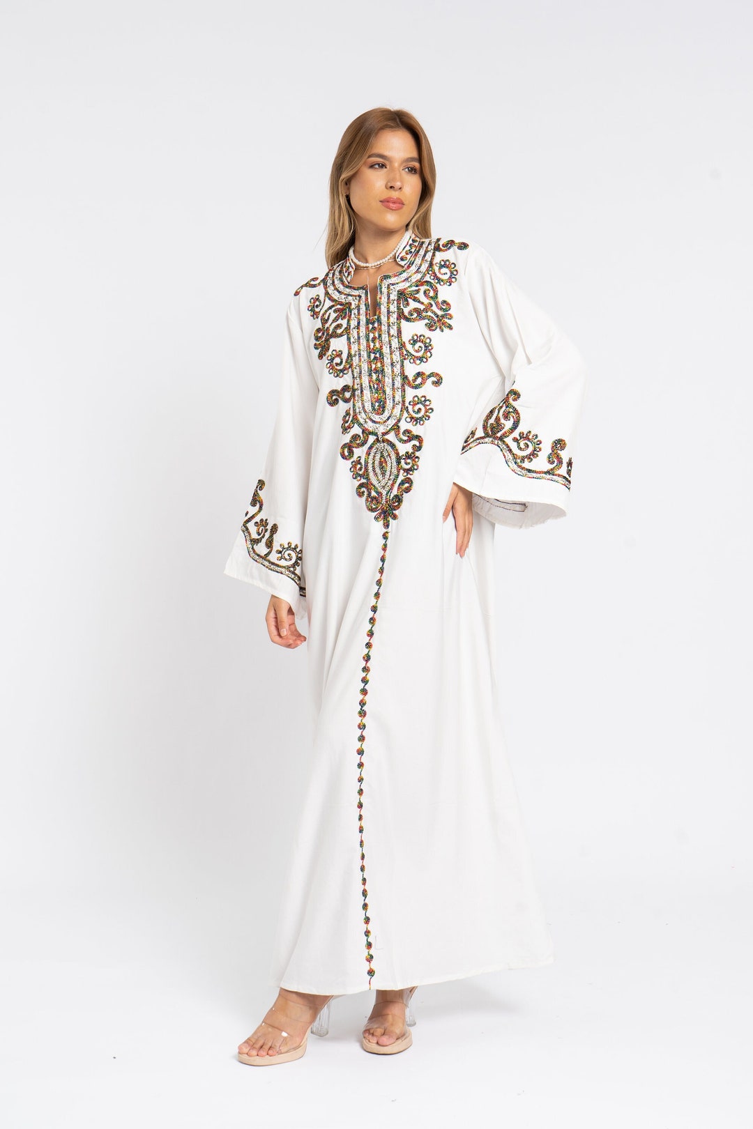 White Open Front Caftan with Embroidery Detail main image 0