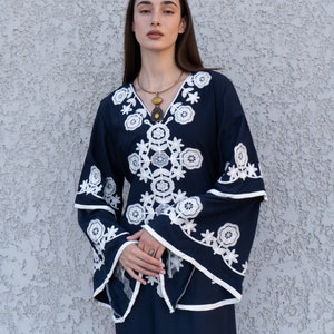 EMBROIDERED CREPE KAFTAN-NAVY BLUE