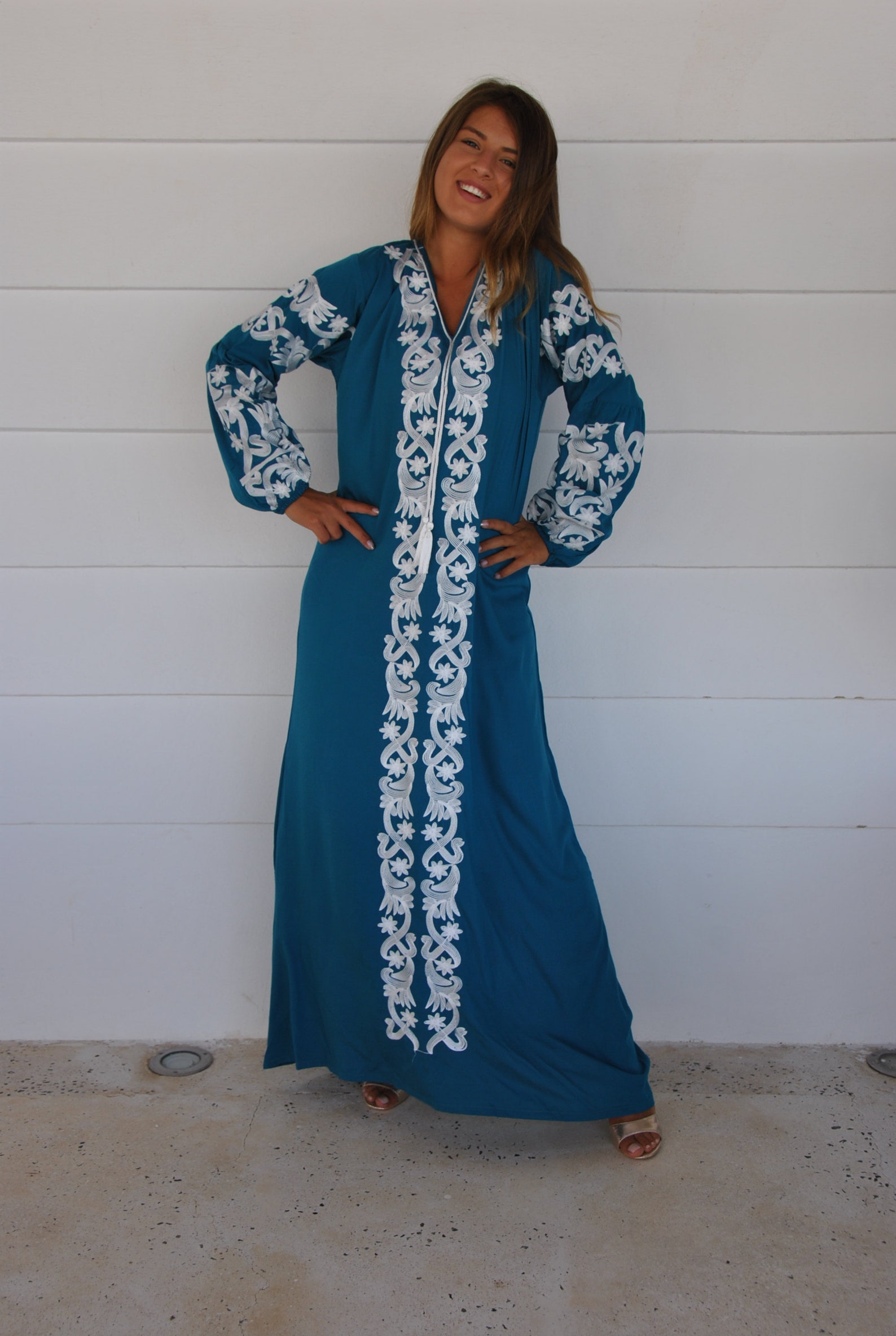 Blue summer Kaftan Long sleeve cotton Kaftan dress Colorful Etsy
