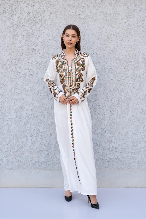 white embroidered kaftan dress White Unique Designer Moroccan Kaftan / Arabic Takchita Maxi Dress / Islamic Embroidery Party Wear Wedding Kaftan / Israeli Moroccan Kaftan
