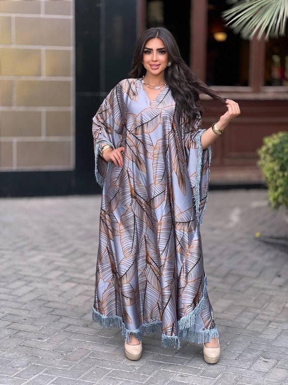 Metallic Grey Satin Kaftan Dress with Fringes - Boho Caftans for Women - Resort Wear Loungewear - Flowy Vacation Dress - Glam Beach Cover Up