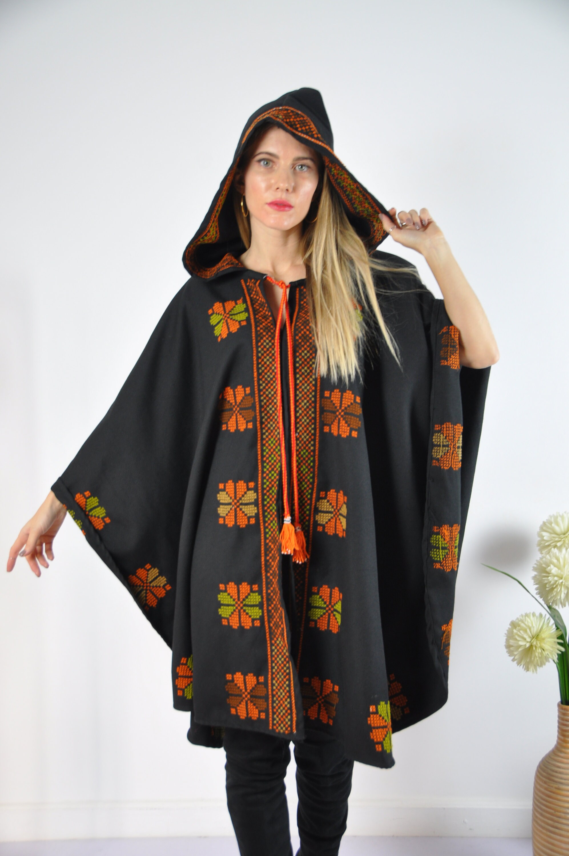 Bedouin embroidered hooded wool coat cloak, Morocco vintage