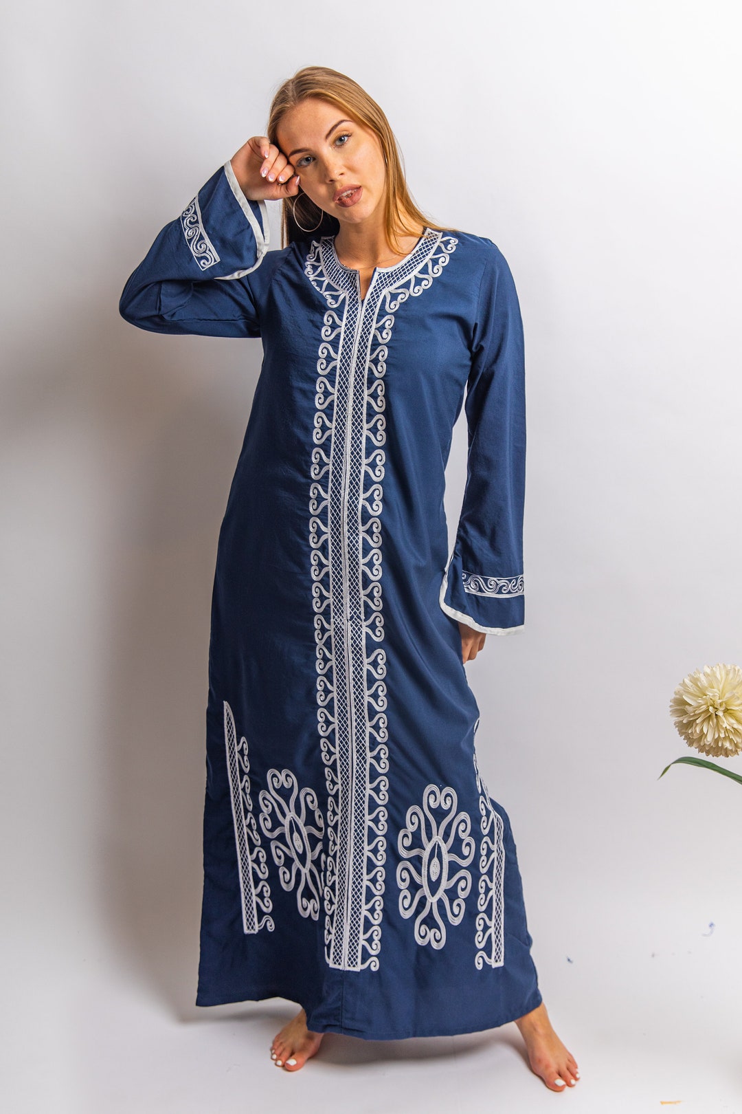 Navy Blue Autumn / Winter Bohemian Maxi Kaftan Dress, Long Sleeve ...