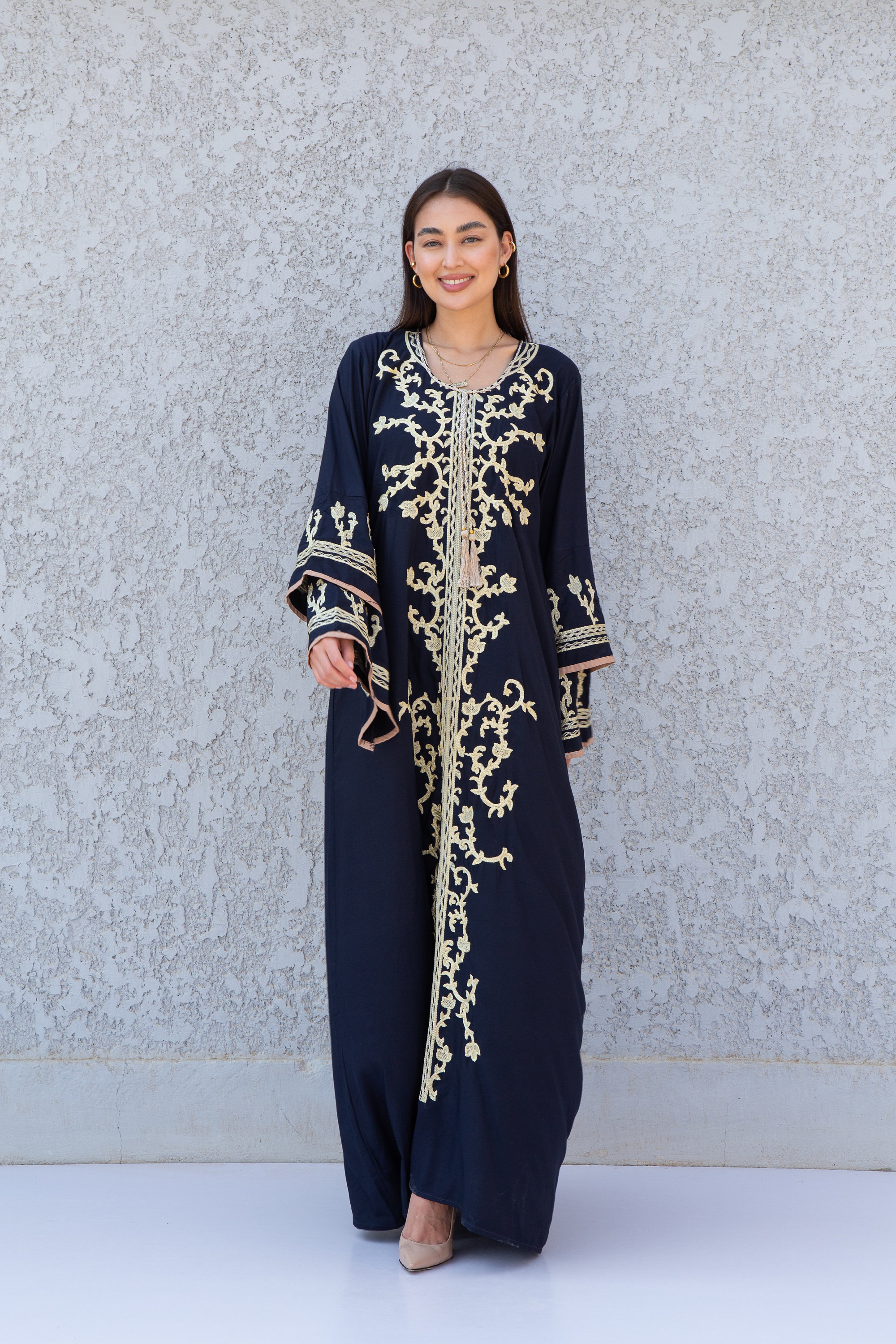 Navy Blue Embroidered Egyptian Cotton Maxi Caftan Dress, Chic