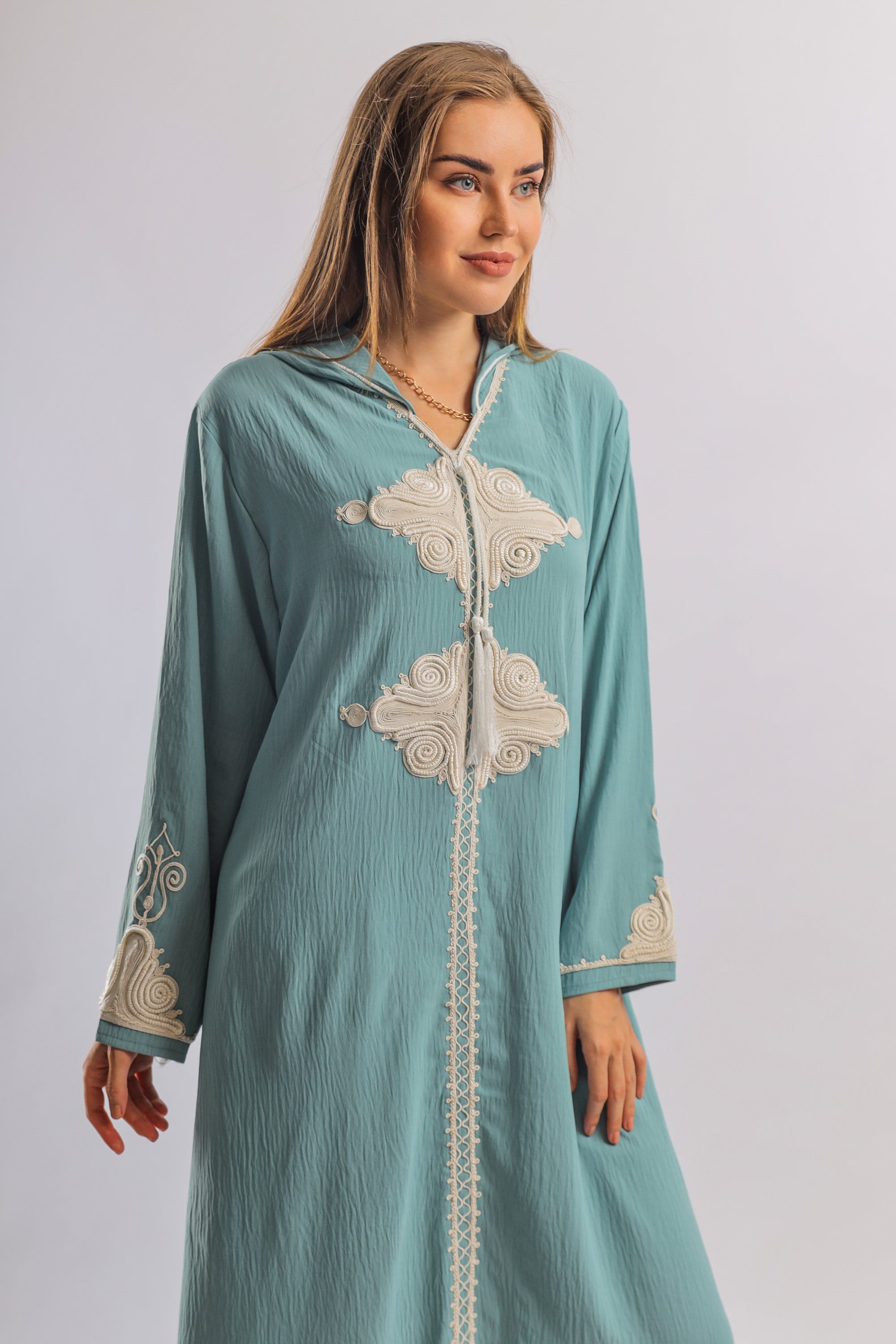 Hooded mint linen/cotton caftan chic embroidered caftan Etsy