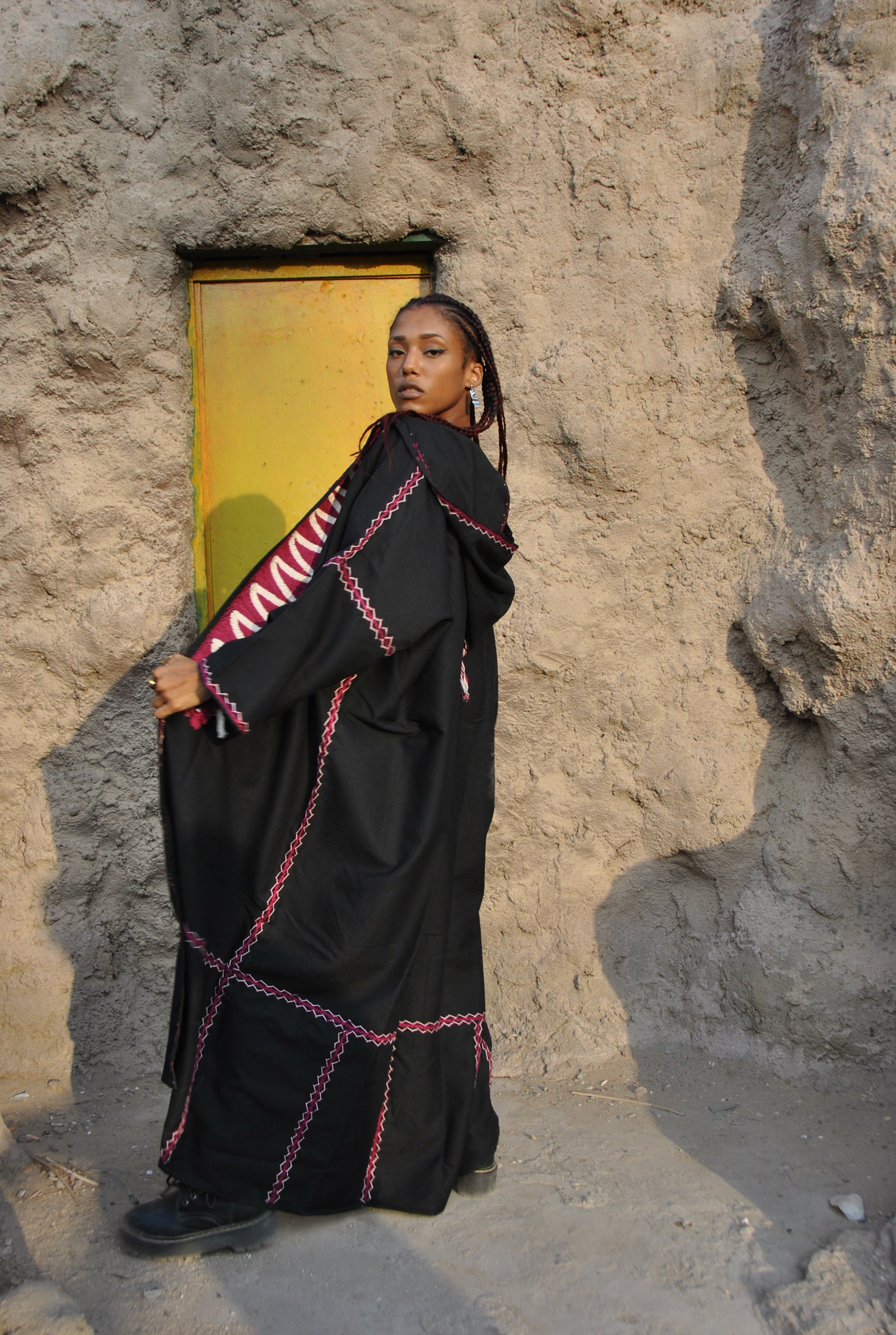 Bedouin Hooded Hand Embroidered Kimono, Black Winter