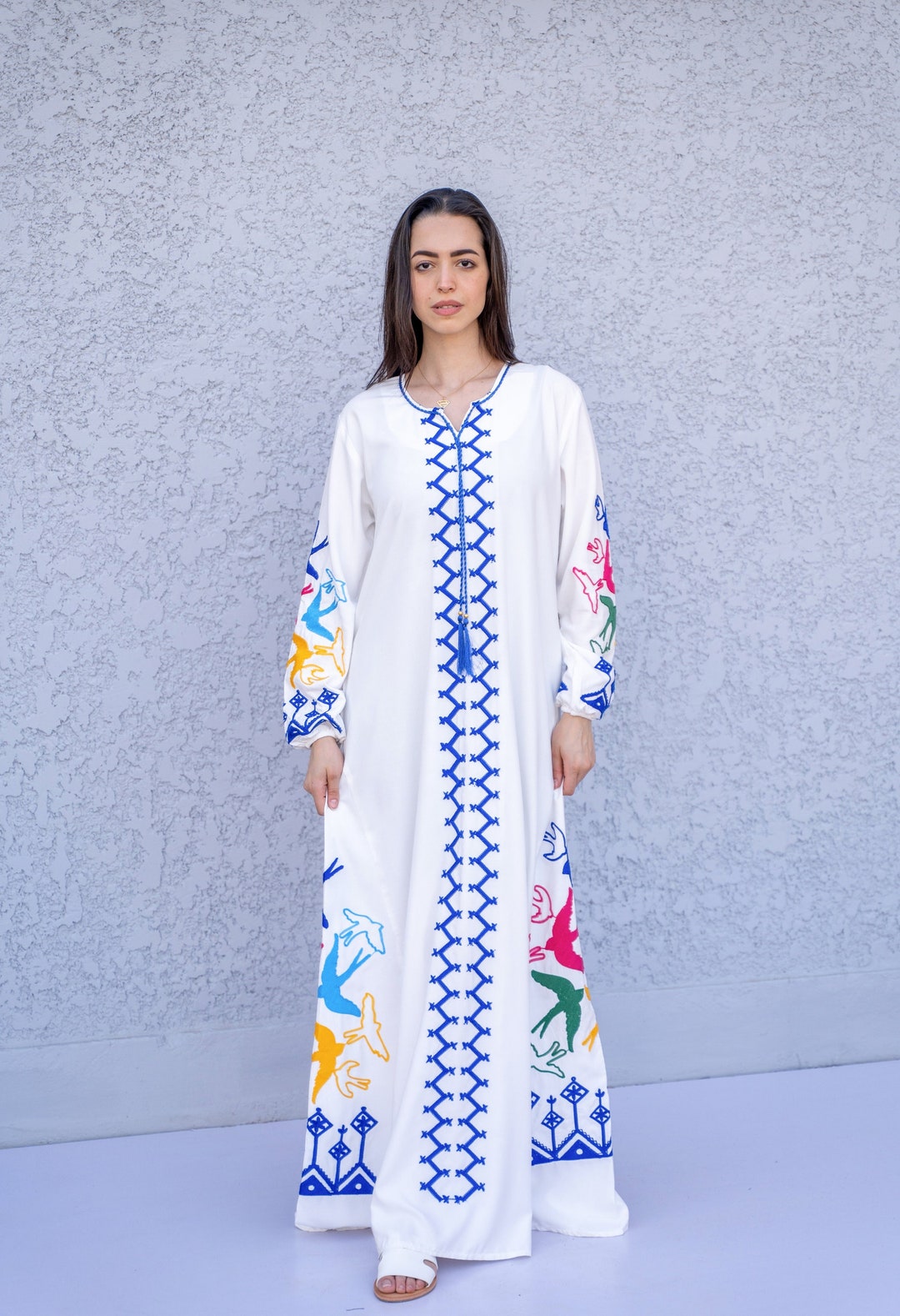 Boho White Birds Embroidered Caftan Cotton Caftans for Women - Etsy