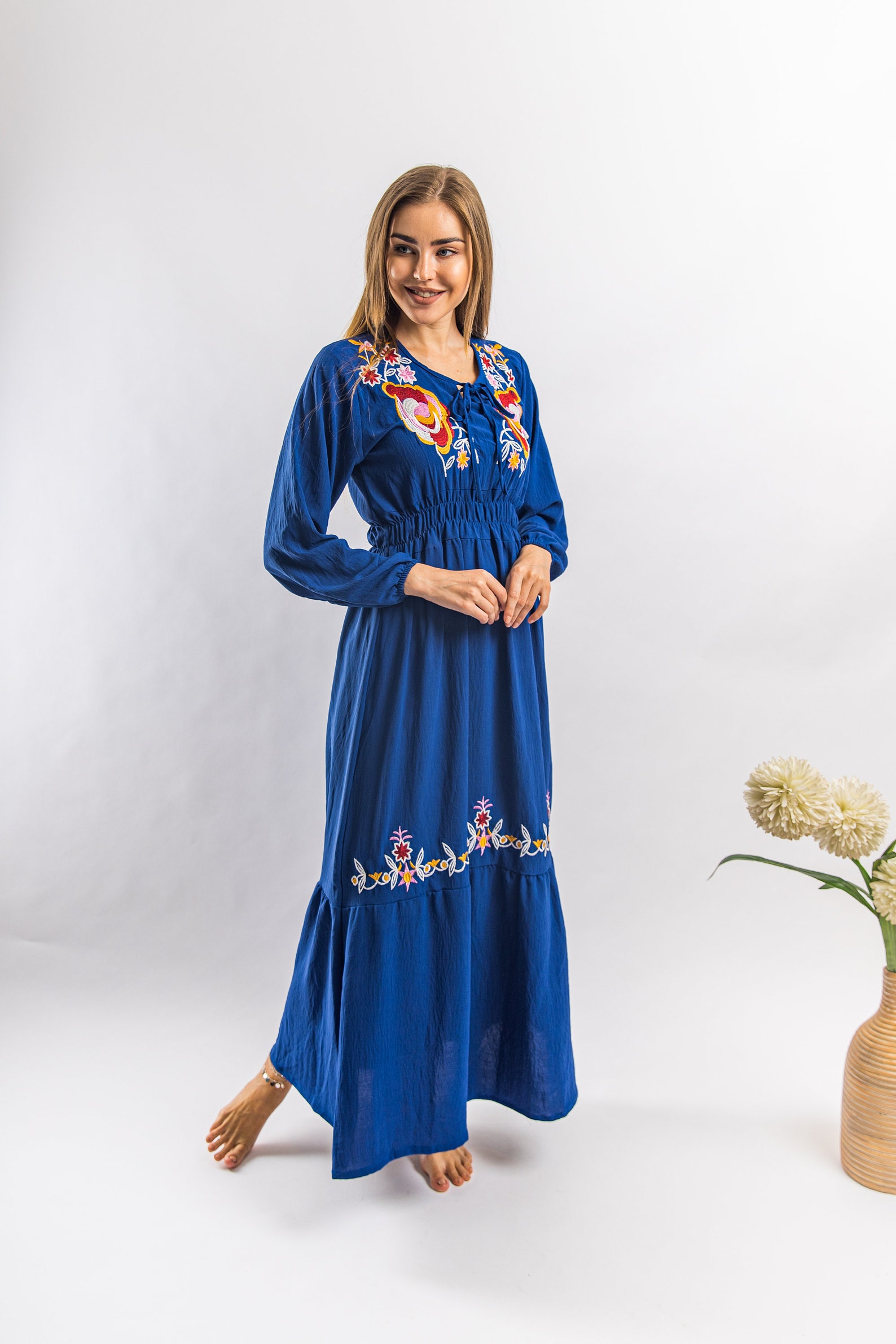 Blue linen/cotton embroidered caftan Gypsy embroidered Etsy