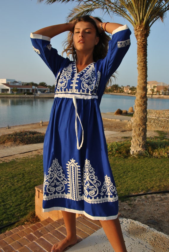 Blaue Tunika bestickter Kaftan Boho-Stickerei Tunika Kleid - Etsy Schweiz