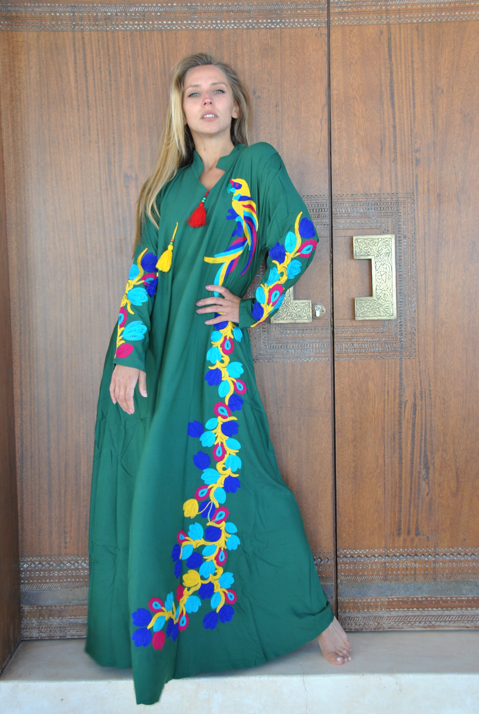 Green embroidered Caftan Caftans for women Colorful boho Etsy