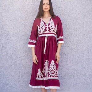 Burgundy Tunic embroidered kaftan, Bohemian embroidery tunic dress, embroidered tunic kaftan, Egyptian cotton. Summer, casual, home dress