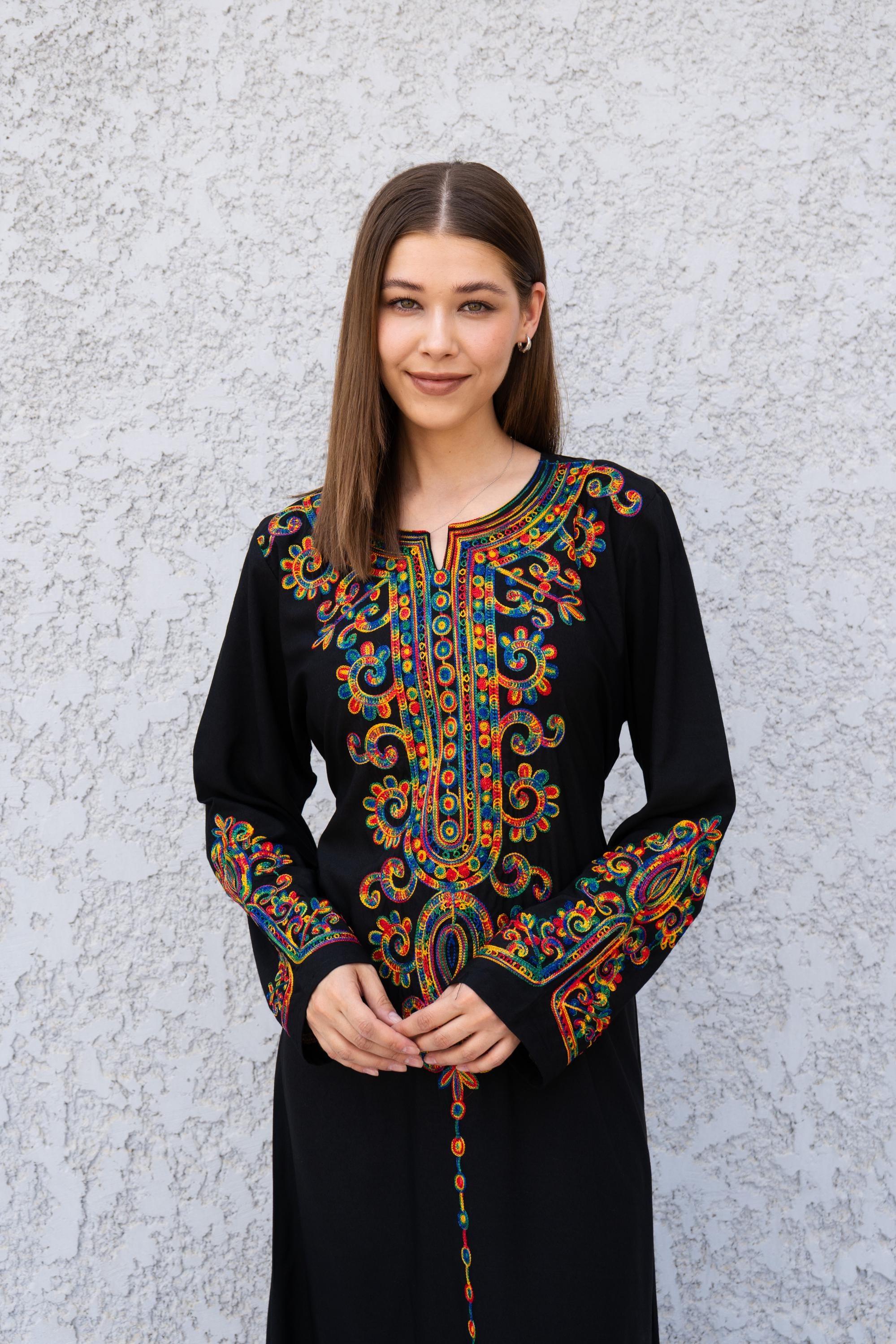 Black Embroidered Caftan Dress – Egyptian Cotton Boho Maxi Abaya