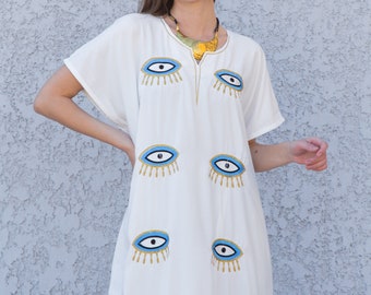 White Evil eye cotton kaftan dress, Egyptian cotton caftan dress, caftans for women, Loose fit kaftan, Summer, casual, home dress