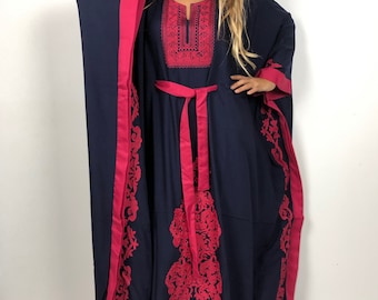 Elegant Navy blue butterfly embroidered Plus size Kaftan with belt, Loose fit Bohemian Caftan, Cotton Kaftan, Exotic Kaftan, Moroccan Caftan