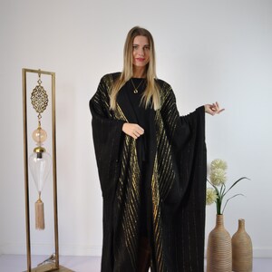 Black Vintage Abaya, Hand Embroidered Kimono, Winter Abaya, Gold Linings, Wool Abaya, Hand loomed Gold threads, Plus size Kimono, Plus size