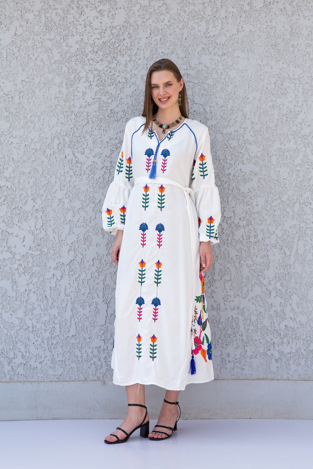 Women's Solid White Kaftan Above Knee Dress