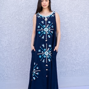 Bohemian Siwa Navy blue linen caftan, embroidered kaftan dress, boho caftan, Summer Kaftan, Linen Caftans for women, caftans for women
