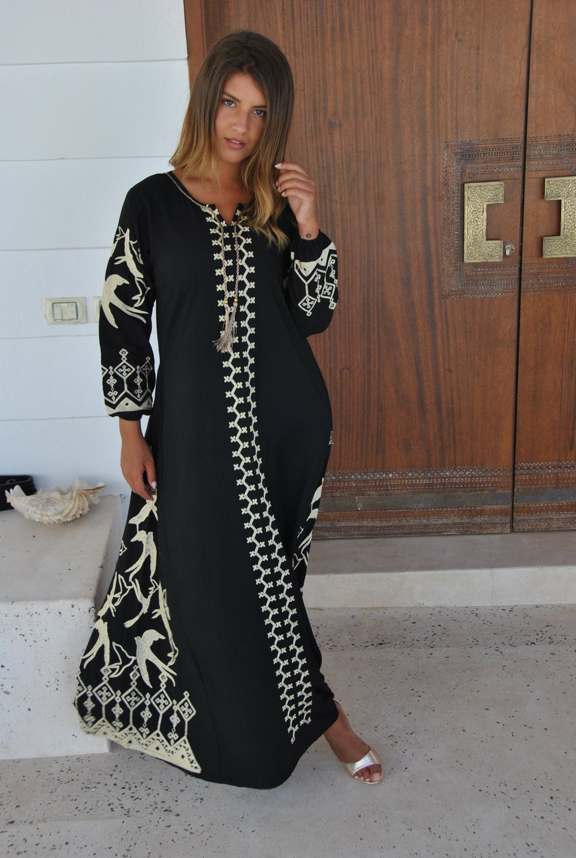 Black flock of birds embroidered Caftan caftans for women Etsy