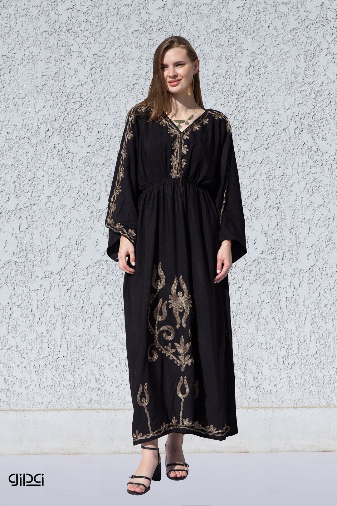Seraphina Kaftan Dress in Black & Gold